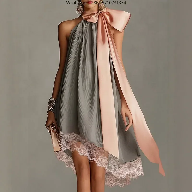 Women Halter Mini Dress Big Bow Neck Pleated Lace Hem Irregular Short Dress Wedding Guest Cocktail Party Dress