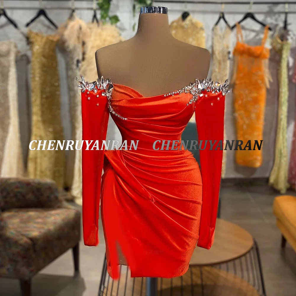 Orange Cocktail Dresses Luxury Bead Crystal Mini Party Dress For Women 2024 Off-The-Shoulder Sheath Prom Gowns robes de soirée