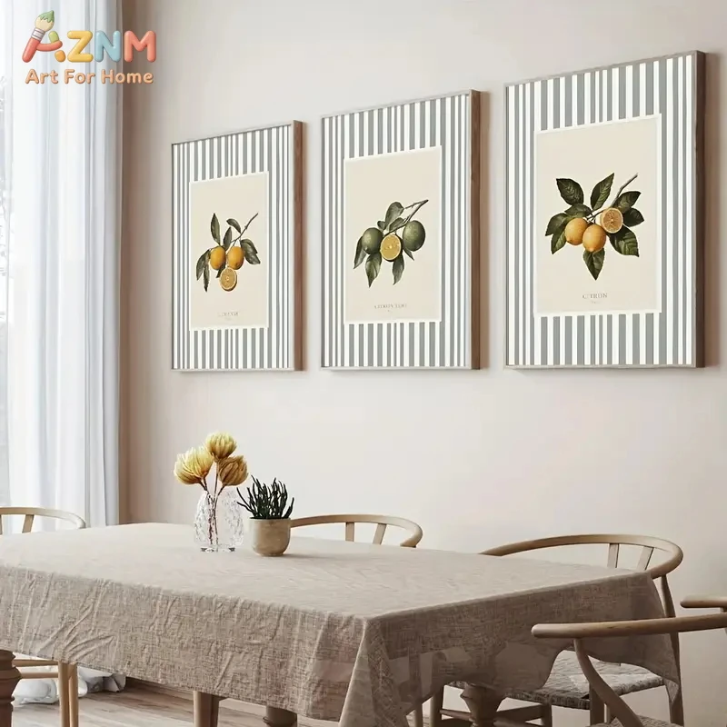 3PCS Vintage Lemon Lime Botanical Canvas Wall Art, Striped Grey and White Background Citrus Prints, Farmhouse Kitchen Decor Post