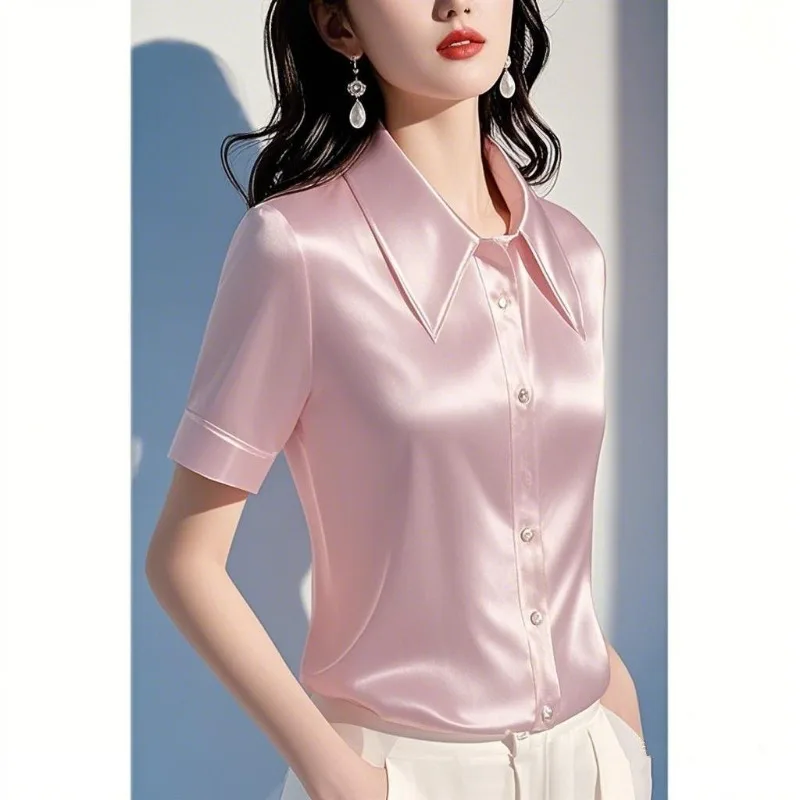 Women Clothes Summer Fashion Elegant Simplicity Solid Color Short Sleeve Shirts Women's Temperament Office Lady All-match Tops