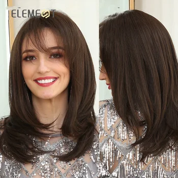 אלמנט בינוני אורך סינטטי ישר טבעי חום פאות עם צד פוני חום עמיד מסיבה למשלוח לבן/שחור נשים