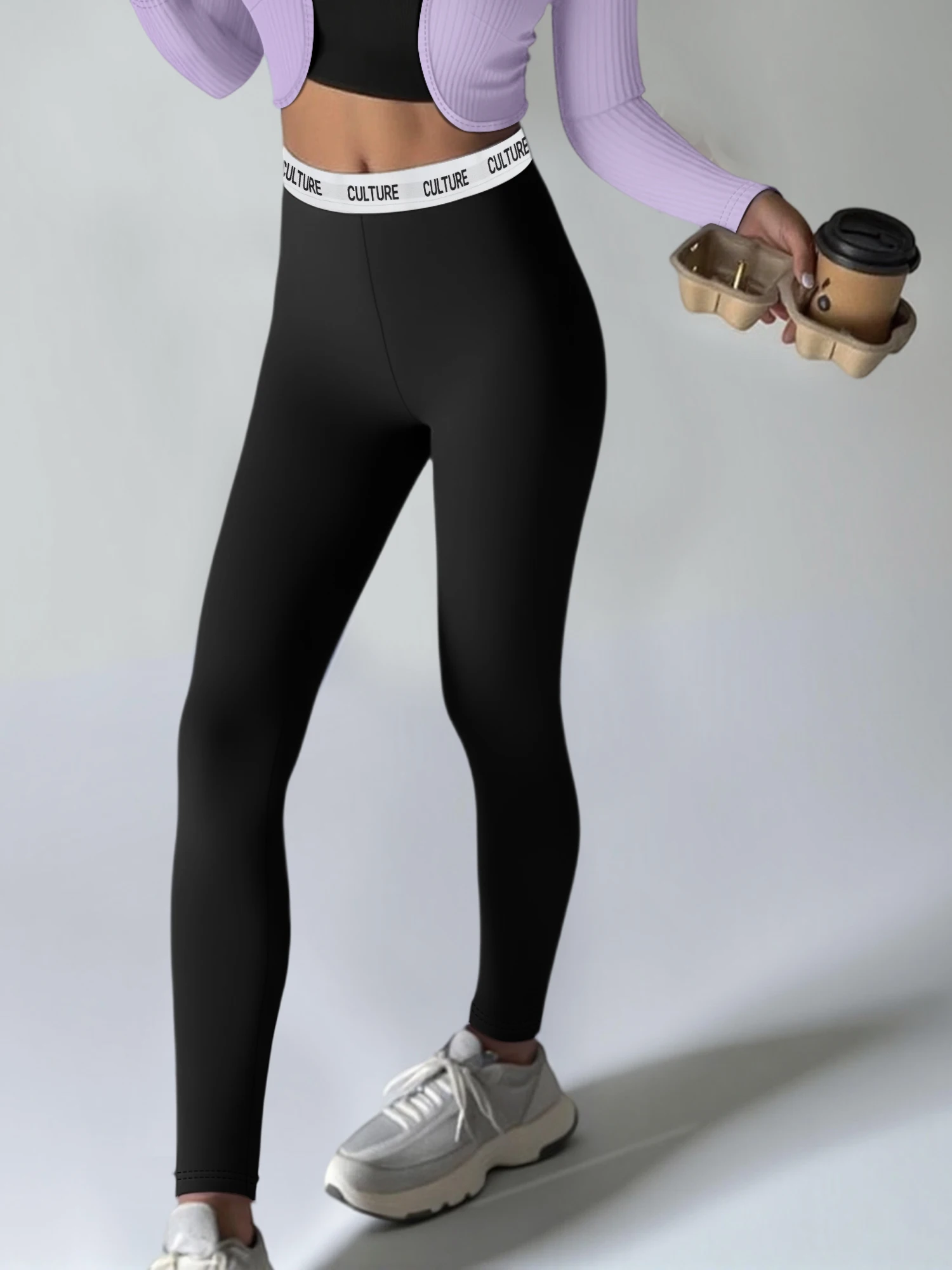 Y2K Street Women Black Leggings Letter Trim Waistband High‑Rise Soft Stretch Slim‑Fit Daily Wear Full‑Long Trousers