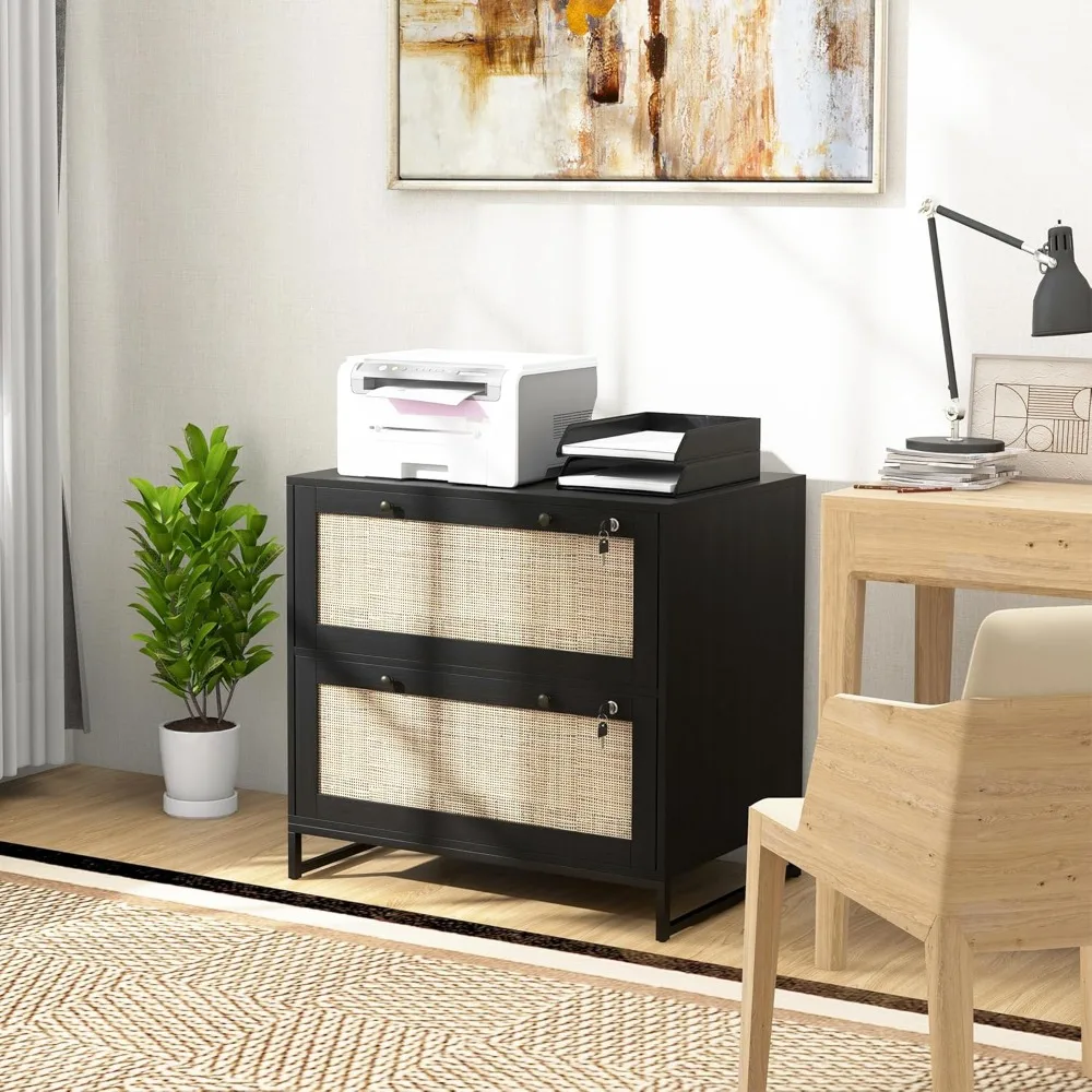 2 Rattan Drawer File Cabinet with Lock, Lateral Filing Cabinet with Adjustable Hanging Bar for Letter, A4 and Legal Size Files