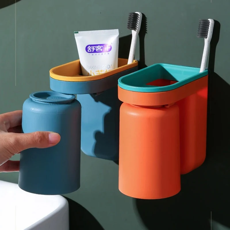 

Toothbrush Cup With Storage Rack Drill Free Toothbrush Cup Racks Set Wall Mounted Mouthwash Bottles Bathroom Accessories