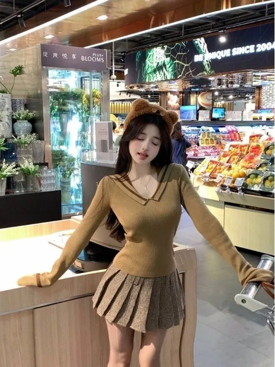 

Slim Fit Knitted Long Sve Navy Collar Sweater Women's Spring Autumn New Sle Sweet Spicy ort Base Layer Top