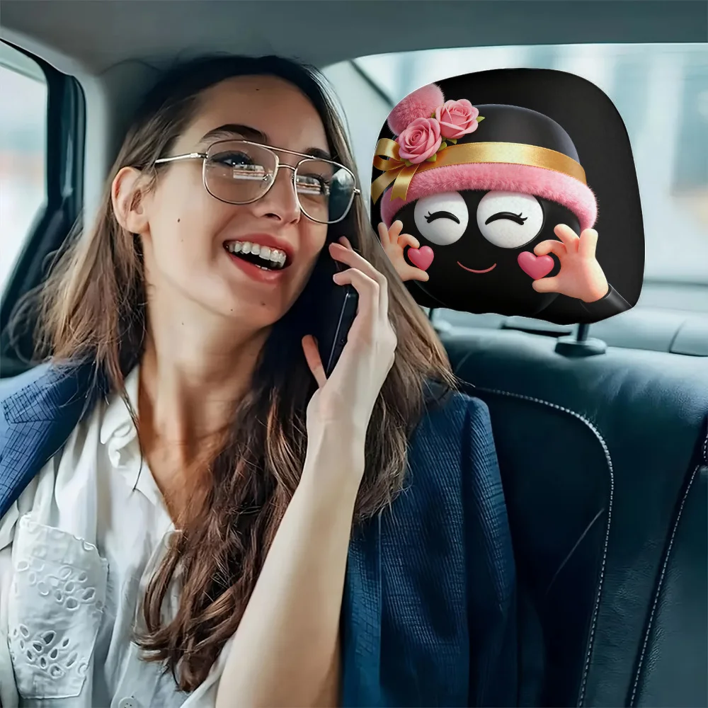 Heart & Floral Cartoon Character Car Headrest Cover, Elastic Fit & Washable, Personalized Car Interior Decor