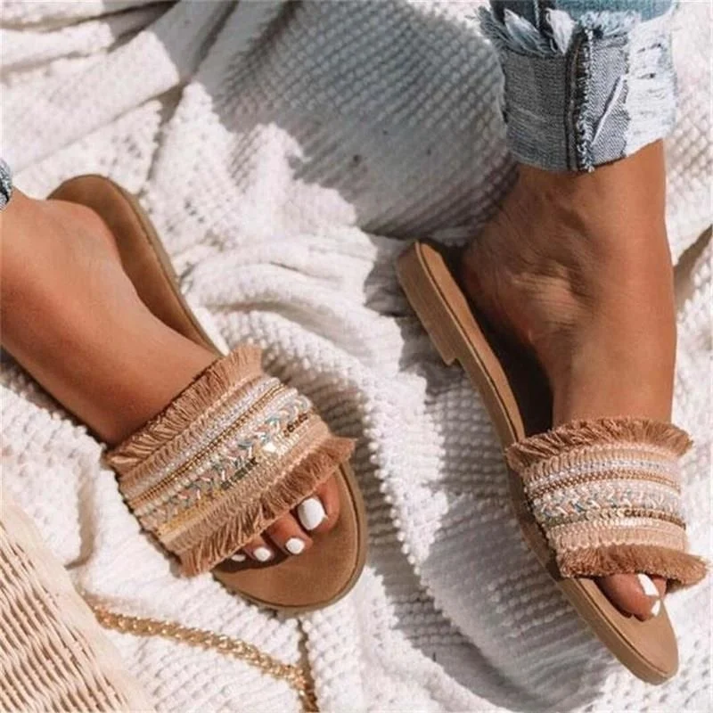 

Bohemian Tassel Flat Bottom Slippers Women's Embroidered Slip-On Sandals Comfortable Casual Slipper Shoes Summer Season
