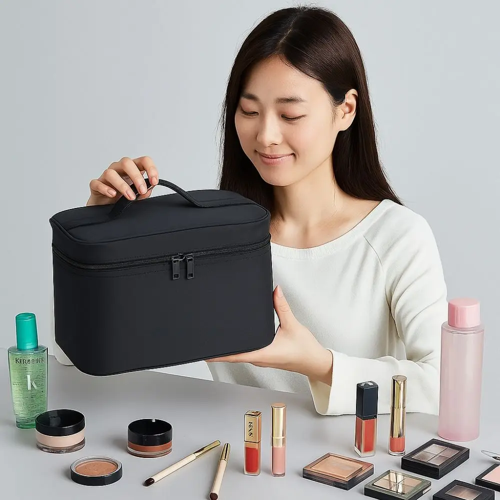 Japanese Style Women's Makeup Bag Handheld Black Washing Storage Bag Double Zipper Large Capacity Cosmetics Bag Women/Men