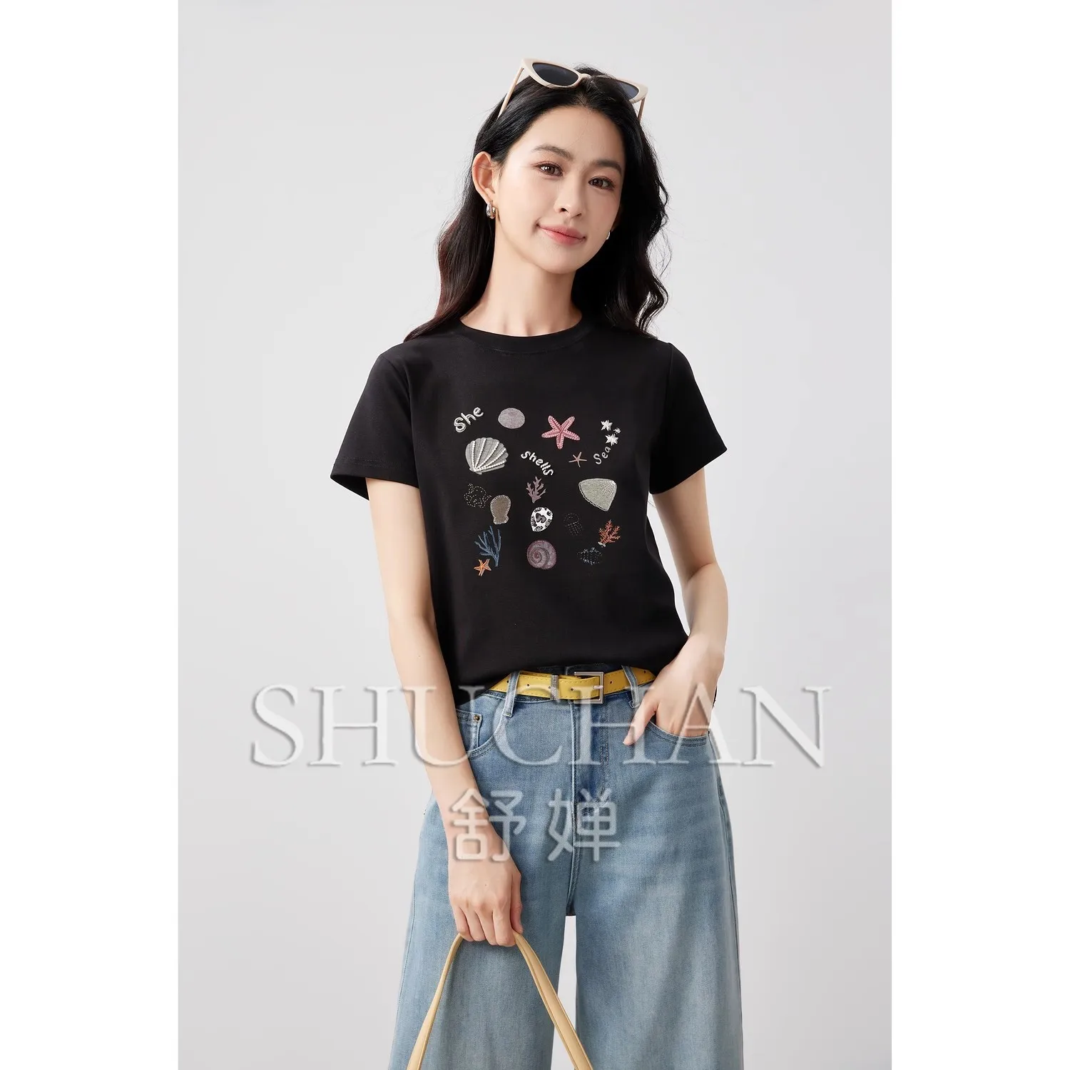 

Casual High Content Cotton Elastic Niche Island Style Embroidery Micro-fit Short T-shirt Women Crop Top Women