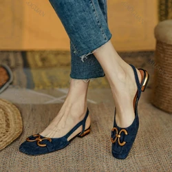 Décolleté a molla da donna moda francese Retro punta quadrata metallo spazzolato tacchi medi spessi barca donna Slip-on scarpe professionali Mujer scarpe con il tacco scarpe da donna con tacco eleganti tacchi donna