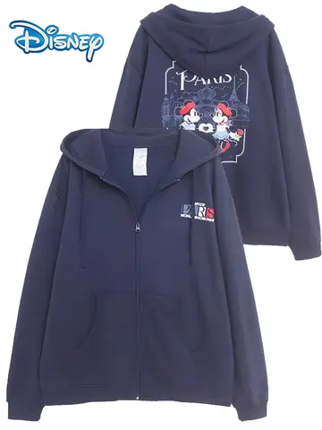Disney Minnie Mickey Mouse Paris Letter Cartoon Print Fleece Sweatshirt Fashion Unisex Women Pockets Hooded Zip Up Jumper Tops