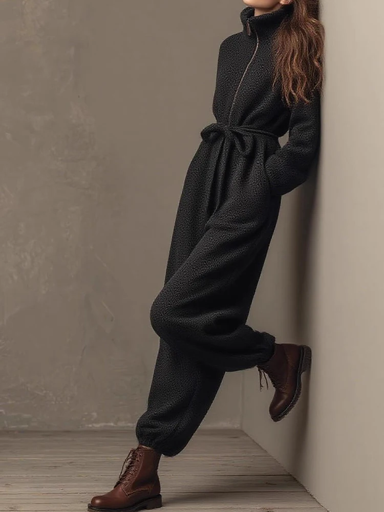 الخريف الشتاء الرياضة نمط الصلبة حللا الأزياء الوقوف طوق سستة Playsuits وزرة سيدة طويلة الأكمام فضفاضة تخفيف السروال القصير