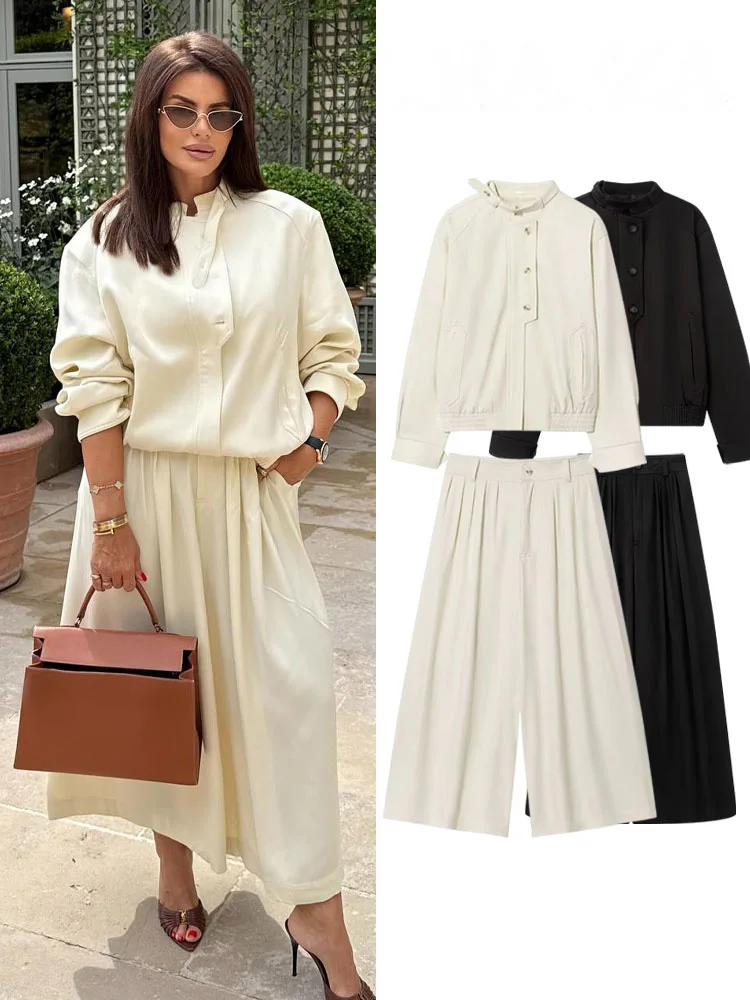 

HH женский комплект из 2 предметов, шикарный карман на пуговицах и молнии, повседневная куртка с длинными рукавами + модный бежевый морщинистый брючный костюм с высокой талией