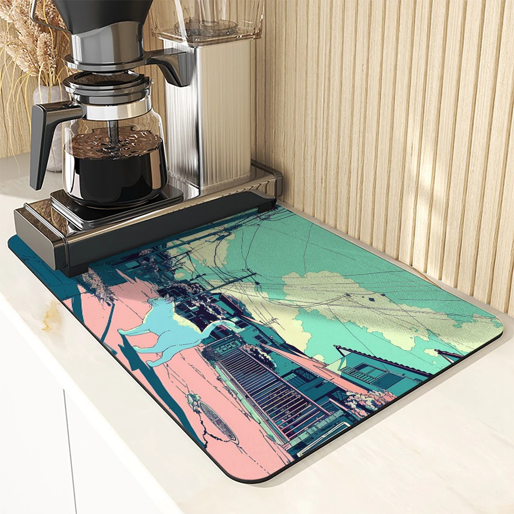 Absorbent Tableware Dish Drying Mats Street Kyoto Desk Drain Pad Heat Resistant Counter  Mat Non-slip Draining Placemat Kitchen