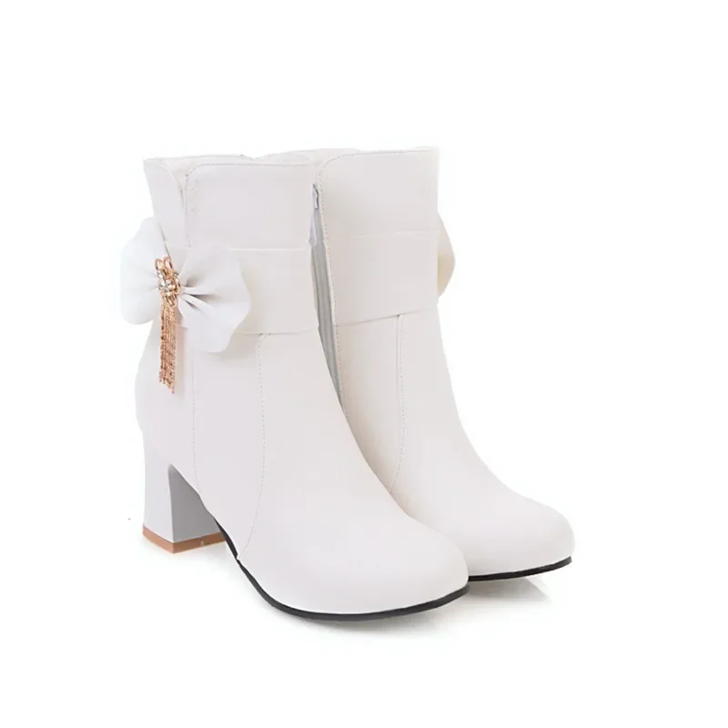 Pink White Black Chunky Heel Girls Lolita Shoes Butterfly-knot Women Winter Ankle Boots Ladies High Heels Boots Plus Size 32-43