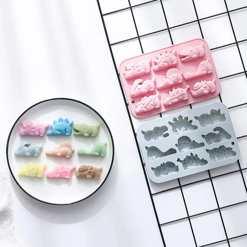 Molde de gelatina de dinosaurio, 9 cavidades, moldes de dinosaurios de silicona bonitos DIY, moldes de gelatina de Chocolate, decoración de pastel de dinosaurio