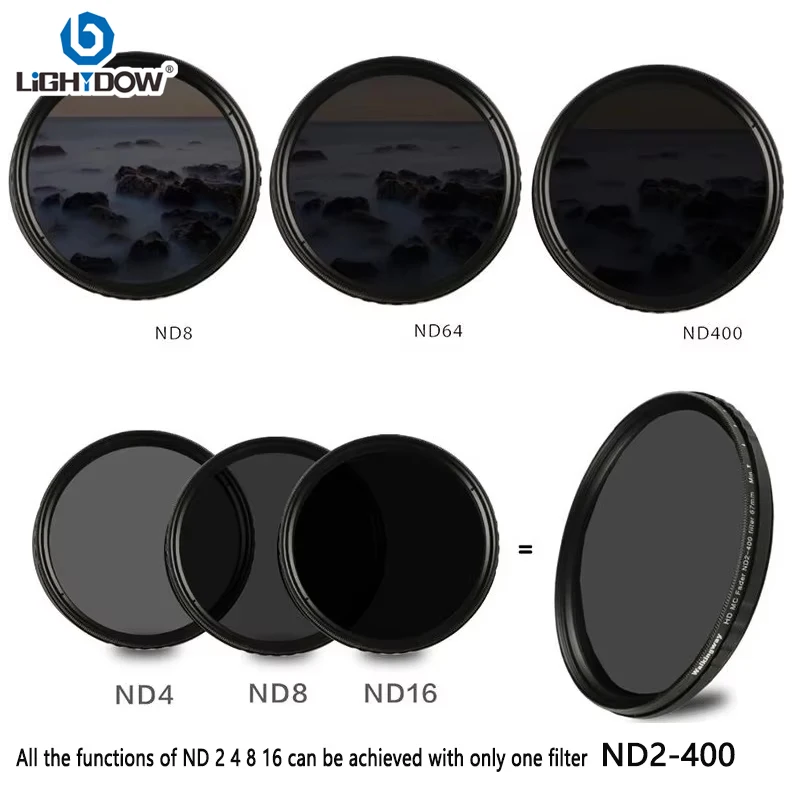 Lightdow ND2-400 Fader متغير قابل للتعديل ND تصفية 49 52 55 مللي متر 58 مللي متر 62 مللي متر 67 مللي متر 72 مللي متر 77 مللي متر 82 مللي متر ل مدفع نيكون سوني عدسة الكاميرا