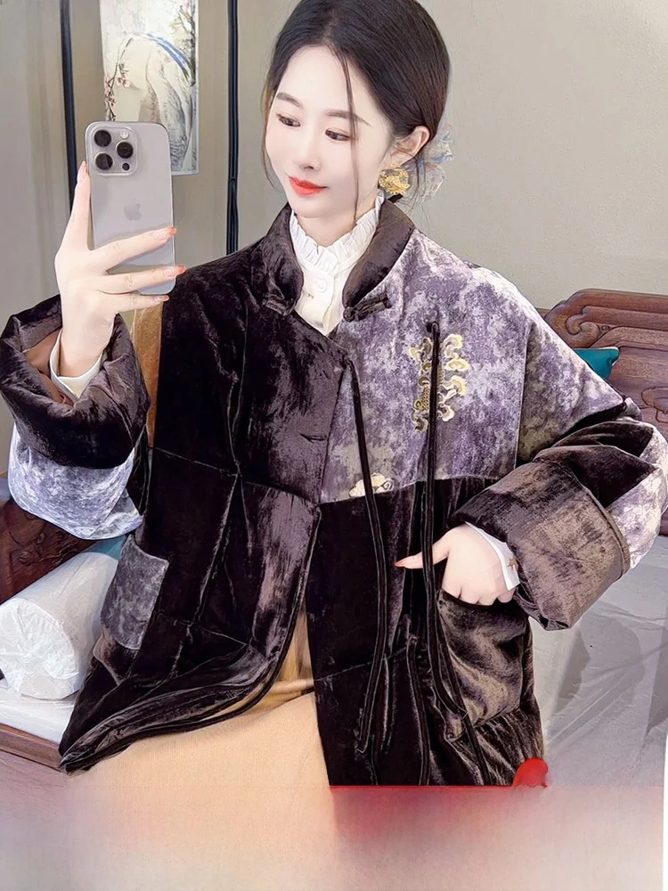 

Шелковый бархатный пуховик из гусиного пуха: Новое китайское зимнее пальто для женщин, пушистое, теплое, с длинными рукавами, с завышенной талией, верхняя одежда