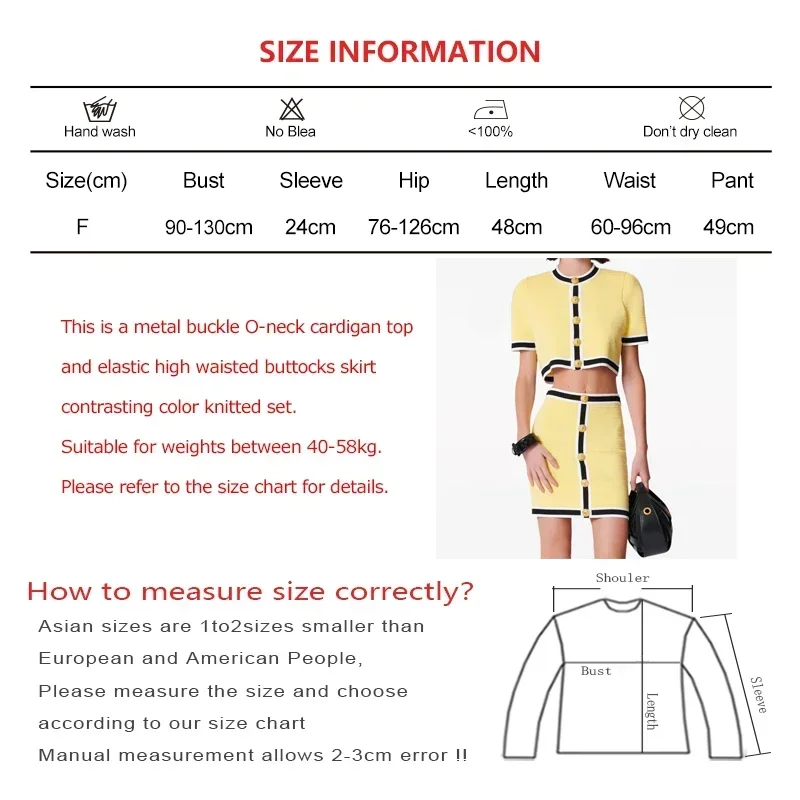 Women New Summer Office Contrast Color Knit Set Metal Buckle Short Sleeved Cardigan Top and High Waist Bodycon Skirt Slim Outfit