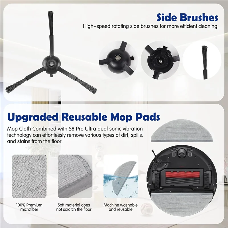 Roborock S8 Pro Ultraロボット掃除機用A005-メインサイドブラシ、ローリングブラシ、HEPAフィルター、モップクロスパッド、ダストバッグ（図示のプラスチック製）