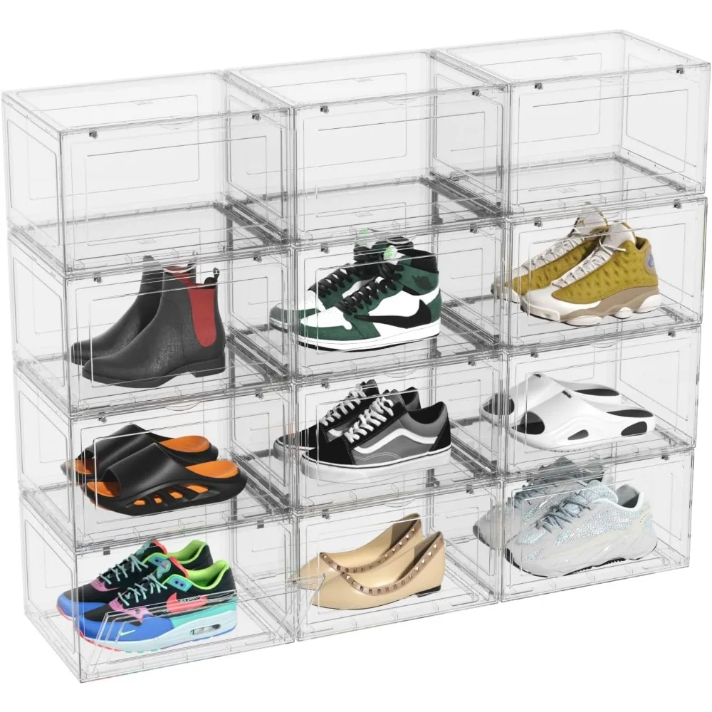 

12 Packs Large Plastic Clear Shoe Boxes with Magnetic Door, Acrylic Display Case, Stackable Shoe Storage Organizer Container for