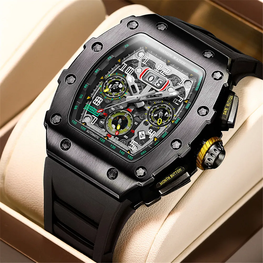 GUANQIN Luxury Skeleton Tourbillon Automatic Mechanical Sport Watch Men Sapphire Glass Automatic Chronograph Luminous Clock Man