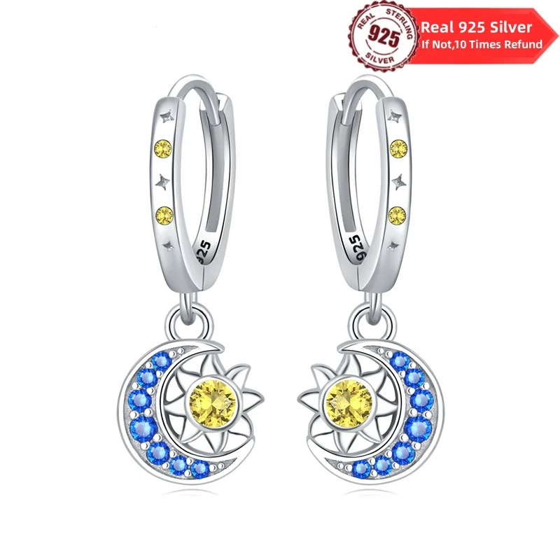 New 100% 925 Sterling Silver Earrings Eardrop Hoops Earrings For Women Sun and Moon Earring for Original jewelry Loved Gifts