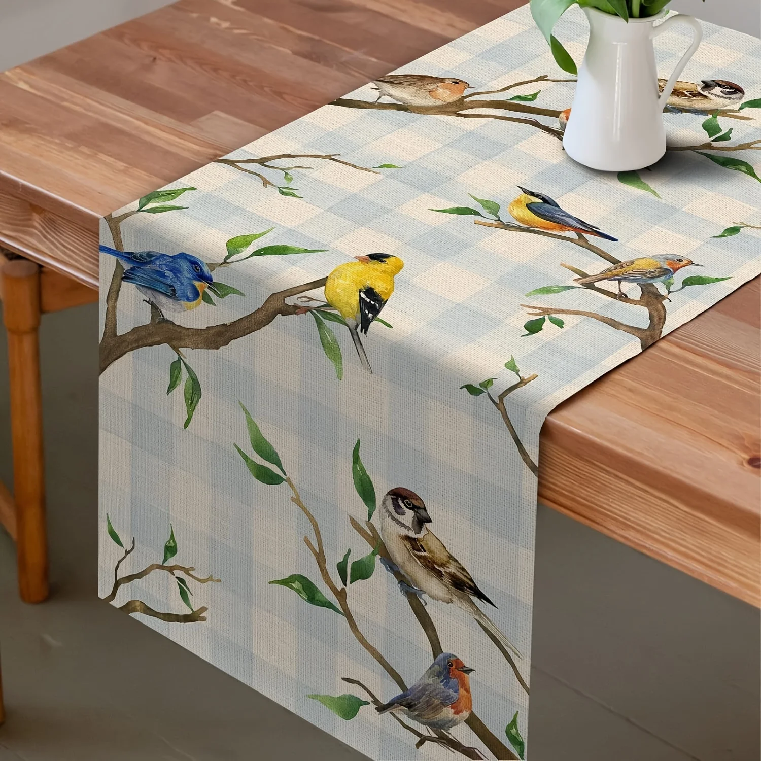 Spring Birds Tree Branches Linen Table Runner Buffalo Plaid Dresser Scarf Table Decor Farmhouse Wedding Party Dining Table Decor