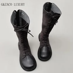 Autumn 2024 Shoes Long Noses Riding Boots Natural Leather Wide Toe Women's Boots Kne-High Cowhide Suede Single Lace-up booties