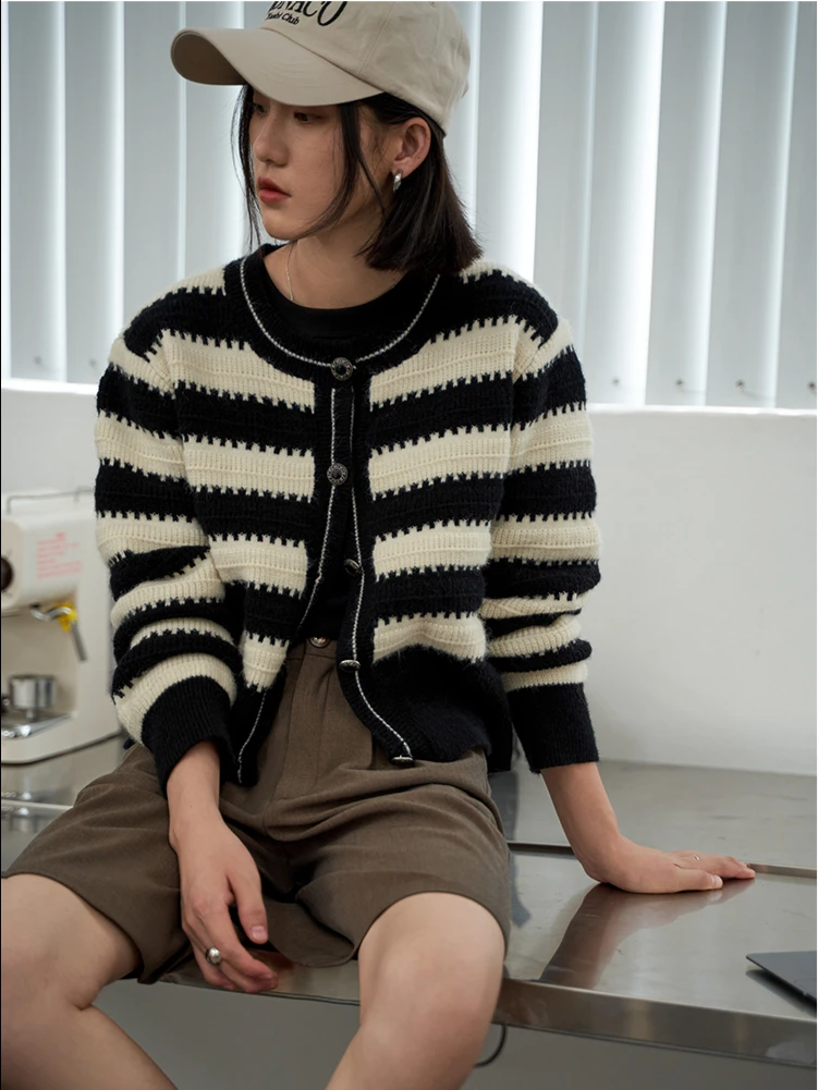 CHEERART Striped Sweater Cropped Cardigan Knitwear Long Sleeve Button Up Cardigan Autumn Winter Clothes Women 2022 Fashion