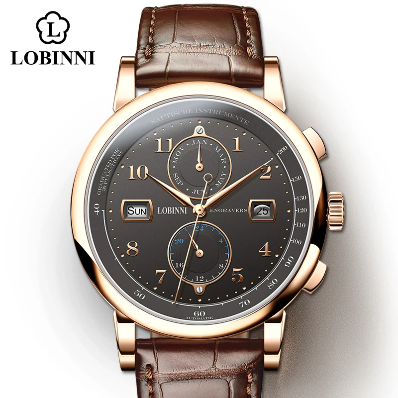 LOBINNI-Reloj de pulsera de cuero para hombre, accesorio masculino de pulsera resistente al agua hasta 50M con calendario, complemento mecánico de