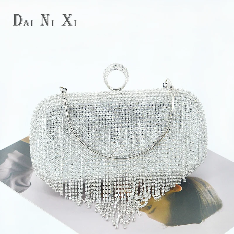 Luxury Women Diamond Tassel Tote Silver Rhinestone Evening Wedding Handbag Banquet Crystal Evening Dinner Clutch Bag