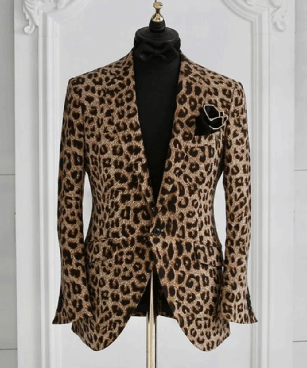 Blazer com padrão leopardo masculino, bolsos de lapela, blazer de um botão, slim fit, casual, diário, alta qualidade, moda empresarial