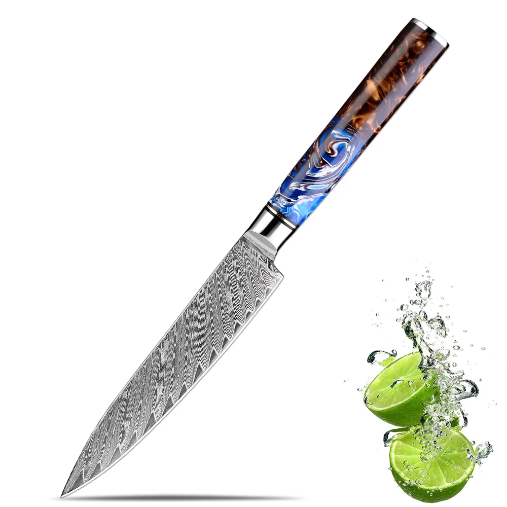 Japanisches Allzweckmesser, 12,7 cm, Damaststahl, Schälmesser, professionelles Küchenmesser, scharfes Obstmesser, meerblauer Harzgriff