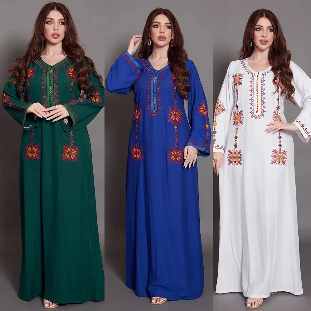 

Arabic Dress For Women 2024 Moroccan Dubai Africano Abaya Solid Retro Embroidery Full Sleeve Loose Eid Ramadan Muslim Femme Robe