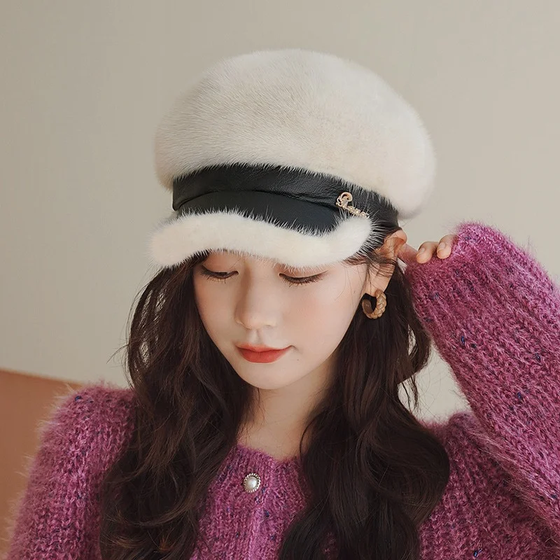 

Winter Warm Fur Beret For Women Fashion Mink Fur Cap Korean Casual Trend Winterproof Real Sheepskin Mink Fur Cap