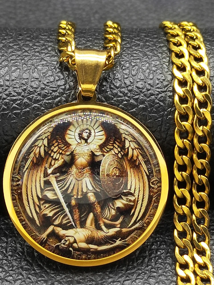 SAINT MICHAEL PROTECT US archange acier inoxydable rond verre médaille pendentif collier pour femmes hommes couleur or chaîne bijoux