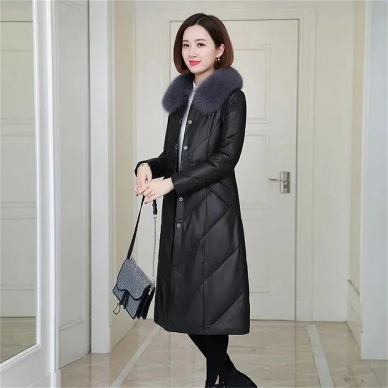 Women Winter PU Leather Overcoat  New Female Mid-length Cotton Padded Parkas Femme Thickened Warm Coat Cotton Padded Jacket