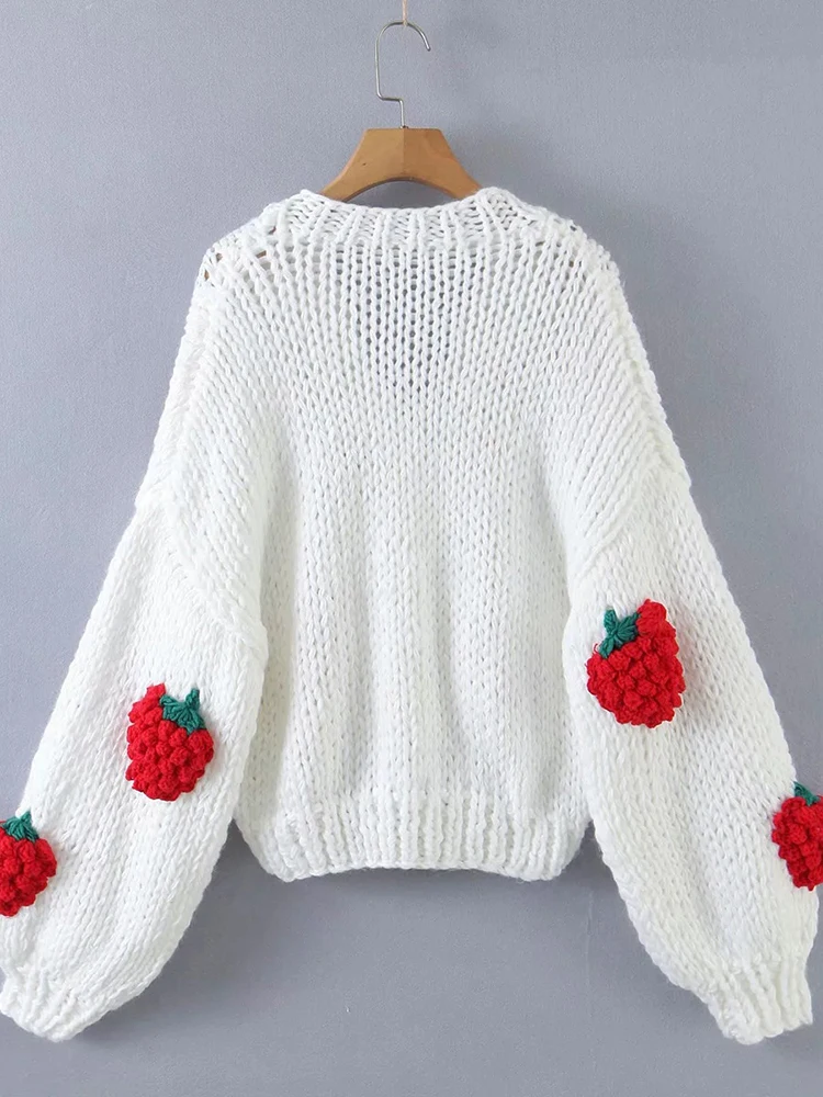 LANMREM Sweet Strawberry Knited Sweater Womne\'s V-neck Puff Sleeves Single Breasted Chic Sweaters 2024 Autumn New 2Z2352