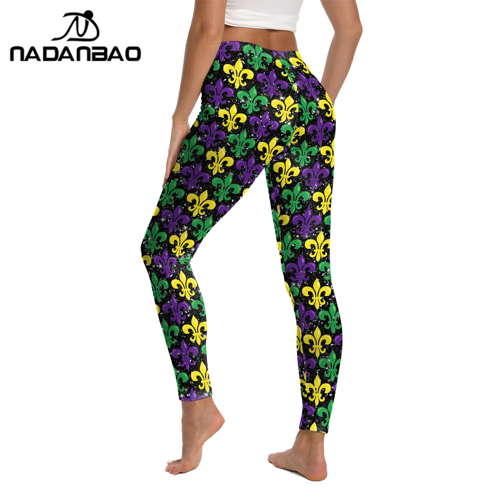 Nadanbao كامل ثلاثي الألوان فلور دي ليز طباعة طماق النساء لينة بسط ماردي غرا السراويل كرنفال حفلة بنطلون ملابس محكمة للتمرين