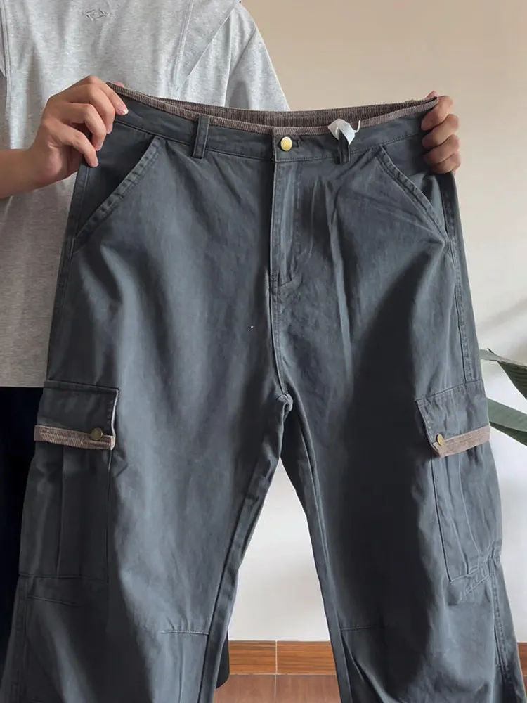 

Grey Denim Workwear Jeans Multiple Pockets Design Cleanfit Wide Leg Micro Flare Straight Cut Trousers