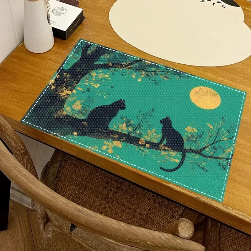 VIKAMA Black Cat Coffee Cup Floral Square Placemat Non Slip Waterproof Heat Resistant Dining Table Mat for Holiday Party Decor