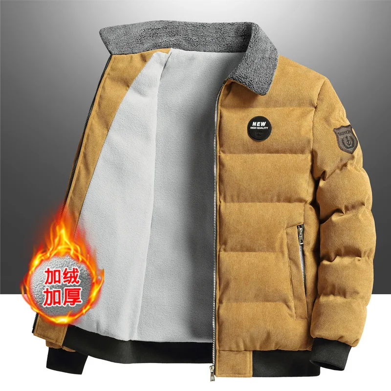 

Winter Fleece Thick Lapel Corduroy Jacket Men Warm Parka Brand Windproof Long Sleeve Zipper Outerwear Men Clothing