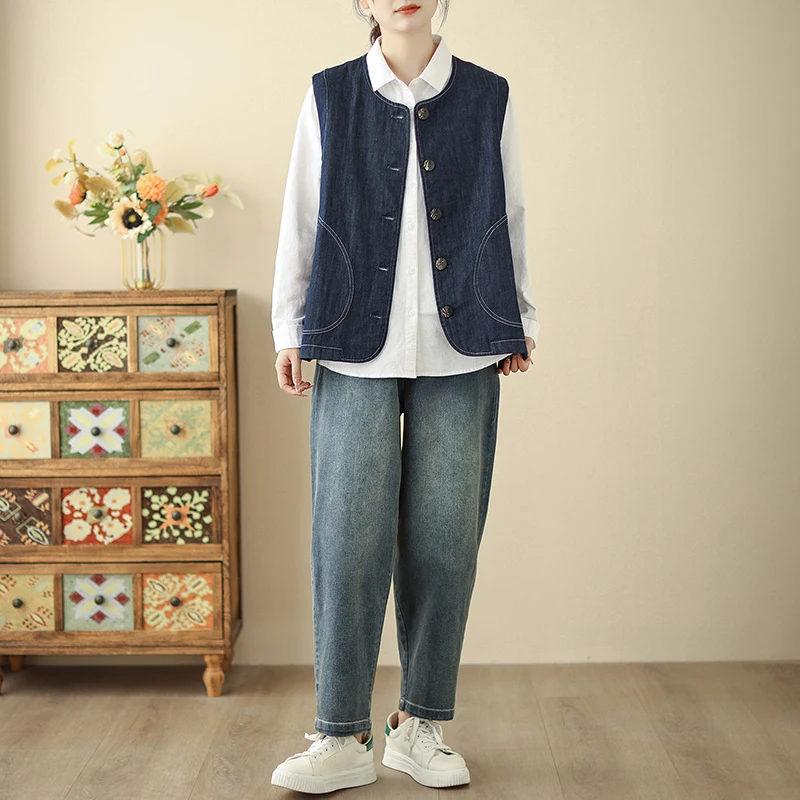 

Spring Summer New Sle Women's Casual Svel Vest Jaet Vintage Button up Versatile Top Cotton 00% Commute Sle