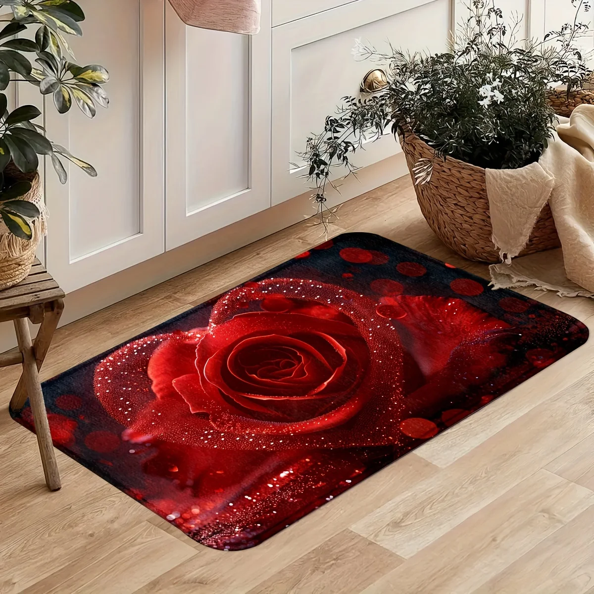VIKAMA 2-Piece Valentine's Day Rose Print Rug Set Living Room & Bedroom Floor Mat Soft & Comfortable Home Decor Rug