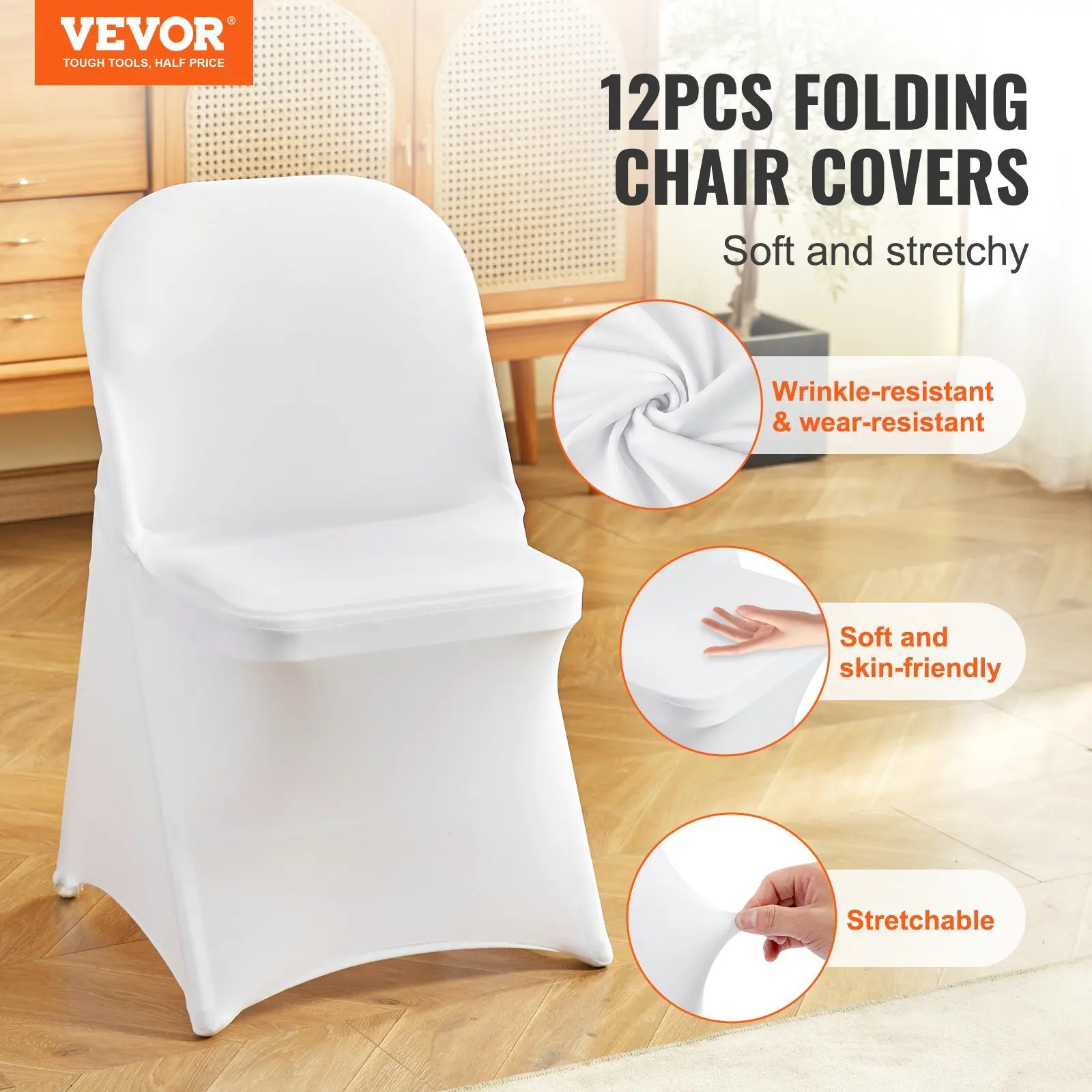 White Stretch Spandex Chair Covers - 12 PCS, Folding Kitchen Chairs Cover, Universal Washable Slipcovers Protector, Remova