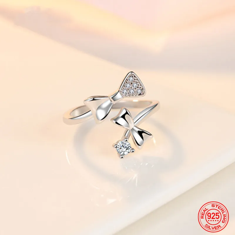 Ring aus 925er-Sterlingsilber mit offenem CZ-Schleife für Damen, modischer Hochzeitsschmuck, Party-Geschenk