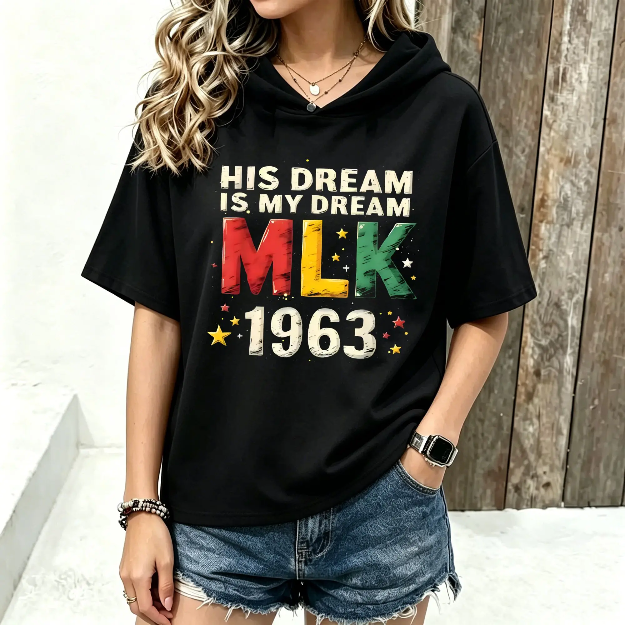 Women Short Sleeve Hoodie Retro His Dream Is My Dream Letter Print Spring Summer Casual Hooded Tops