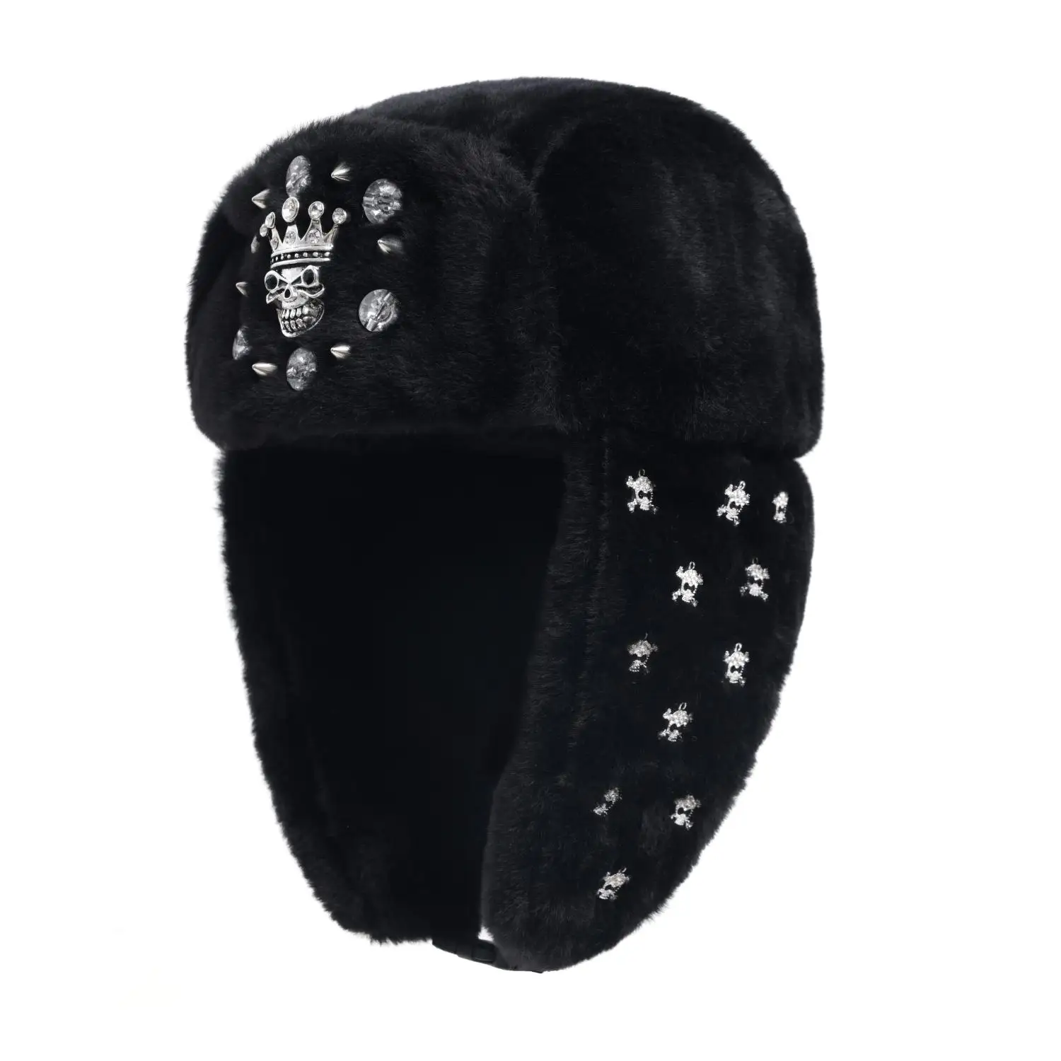 Europäische und amerikanische Street-Fashion: Personalisierte, diamantbesetzte Metall-Totenkopf-Verzierte Pilotenmütze, Unisex, für alle Jahreszeiten geeignet, Hip-Hop-Rock-Stil Trapper-Mütze – Detail 1