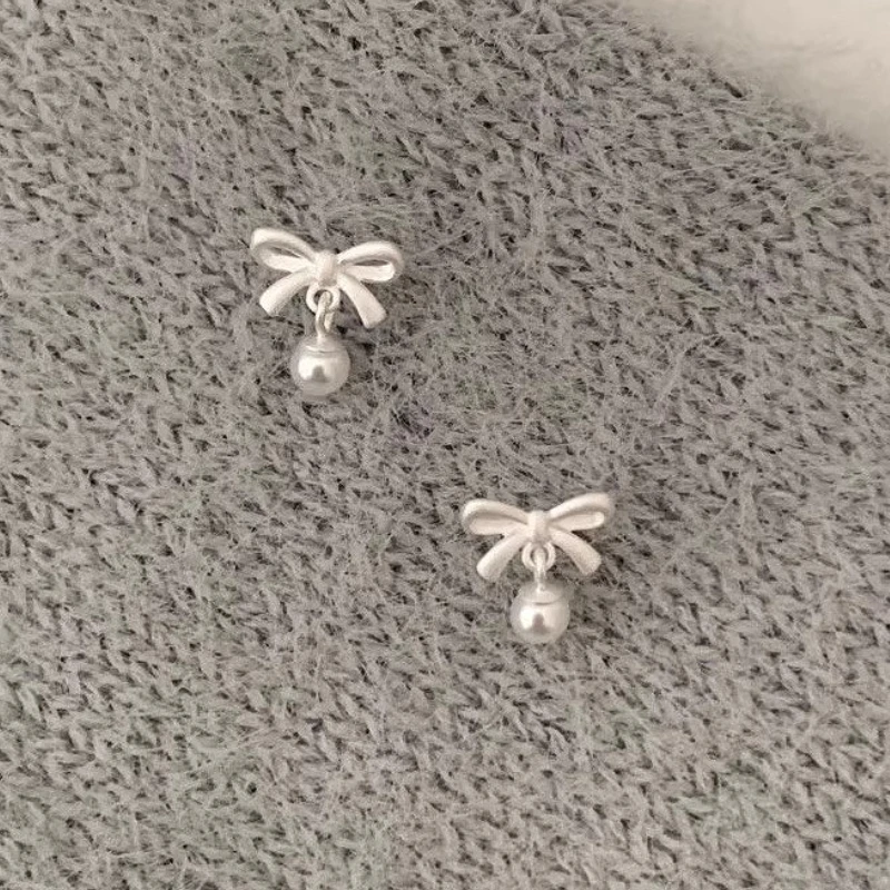 

925 Sterling Silver Geometric Butterfly Bow Pearl Pendant Stud Earring for Women Fine Jewelry High Luxury Vintage Accessories